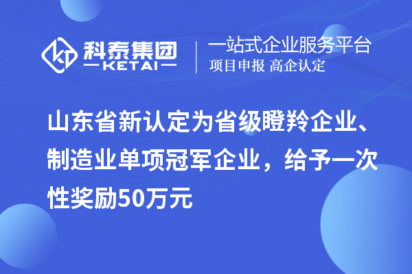 山東省新認(rèn)定為省級(jí)瞪羚企業(yè)、制造業(yè)單項(xiàng)冠軍企業(yè)，給予一次性獎(jiǎng)勵(lì) 50 萬(wàn)元