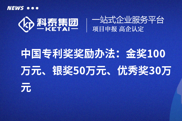 中國專利獎：金獎100萬元、銀獎50萬元、優(yōu)秀獎30萬元（省級）